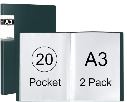 Srvnpioy 2-pack A3 displaybok med 20 fickor, 25 mm ryggrad, PP, grön | Dubbelsidig presentationsmapp, A3-portföljbok för konstverk, ritning, målerialbum konstmapp, diamantbok