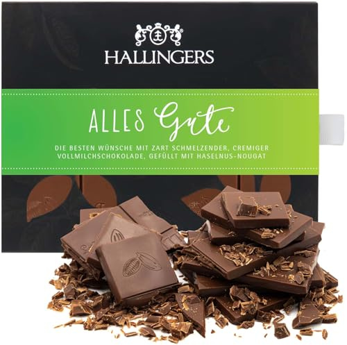 Hallingers Genuss Manufaktur Schokolade Glückwunsch-Geschenk - Tafel handgeschöpften Edelkakaos ohne Alkohol edler Karton Alles Gute Haselnuss, Geschenkidee für Frauen Männer
