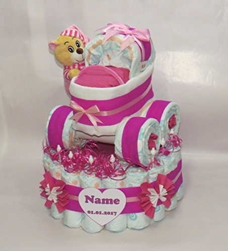 Windeltorte | Windeltorte mit Windelkinderwagen und Schlafbär (pink) | Windeltorte Mädchen | Babygeschenk zur Geburt