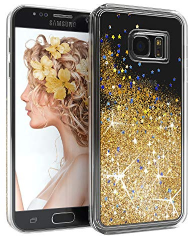 EAZY CASE Hülle kompatibel mit Samsung Galaxy S7 Schutzhülle mit Flüssig-Glitzer, Handyhülle, Schutzhülle, Back Cover mit Glitter Flüssigkeit, aus TPU/Silikon, Transparent/Durchsichtig, Gold