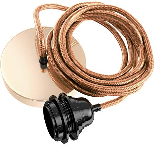 Hoopzi - Câble Suspension Luminaire Cuivre - Fil Electrique en Tissu 2,5m - 1 x Ampoule Douille E27 - Pour Salon, Cuisine, Chambre - Modèle Hang 1
