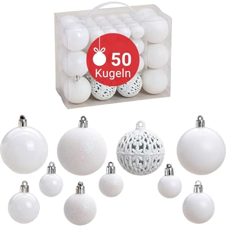 WOMA Christbaumkugeln Set Weiß & 22 weiteren Farben - 50er & 100er Weihnachtskugeln Set - Weihnachtskugeln Kunststoff - Weihnachtsbaum Deko & Christbaumschmuck
