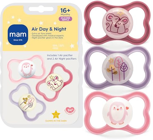 MAM Schnuller für empfindliche Haut, ab 16 Monaten, beste Schnuller für stillende Babys, Air Night & Day Design-Kollektion, Mädchen, 3 Stück