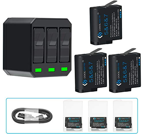 COOLSHOW HERO 7 6 5 Battery 1500mAh Rechargeable Battery(3 Packs) Replacement and 3 Channel USB Hero 7 Battery Charger Compatible with GoPro HERO 7 Black,HERO 6 Black,HERO 5 Black,HERO 2018,AHBBP-501