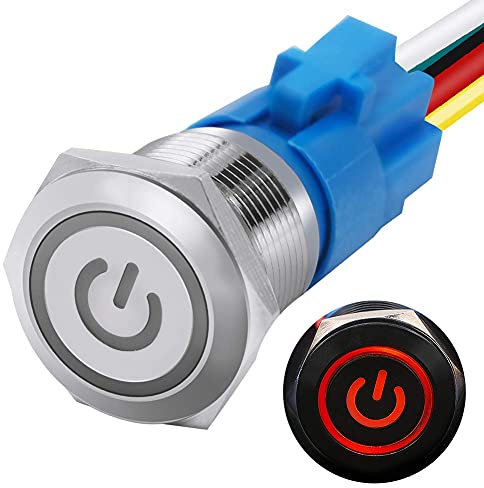 mxuteuk 19mm Verriegelung Druckschalter 1NO 1NC SPDT EIN/AUS Silber Edelstahlschale mit 12V Rot Power Symbol Drucktaster Mit Steckdose Stecker für 3/4 Montageloch L-19-POWER-T-R