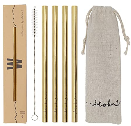 WHATAKANT - Wellenreiter Goldstrohhalme | 4er Set in Gold | nachhaltige gerade Strohhalme mit Baumwollsäckchen & Reinigungsbürste | wiederverwendbare plastikfreie Edelstahl Trinkhalme | 15,5 cm Länge