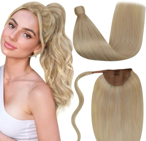 LaaVoo Zopf Extensions Echthaar Blond Highlight Unsichtbar Ponytail Extensions Echthaar Remy Menschliches Haar Hellgoldbraun Hellblond Extensions Zopf Echthaar 50cm #P12/24 100g