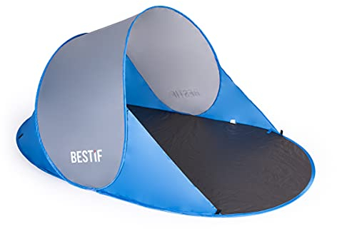 BESTIF Strandmuschel Pop Up Wurfzelt groß | Selbstaufbauend Strandzelt Tragetasche Sonnenschutz Windschutz 190x86x120cm (Blau-Grau)