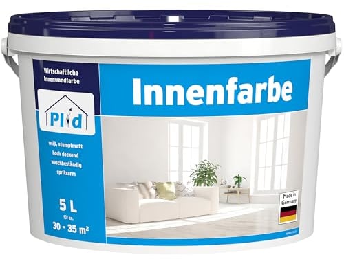 Plid® Design Innenfarbe Weiß 5L [HOHE DECKKRAFT] Design-Colour Weiss - Bunte Farbe Wand - Matte Wandfarbe - Für ca. 30-35 m² in Profi Qualität - Atmungsaktiv & Tropfgehemmt
