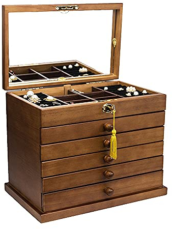 LINDAON Portagioie grande in legno a 6 strati con specchio e serratura e organizzatori vintage per le donne, marrone