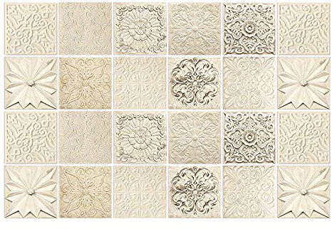 Autoadesivi Adesivi per Piastrelle Rilievo beige 10 X 10cm (24 pcs) Impermeabile PVC Decorazione,Adesivi da parete autoadesivi 3D per Cucina Scale Stile