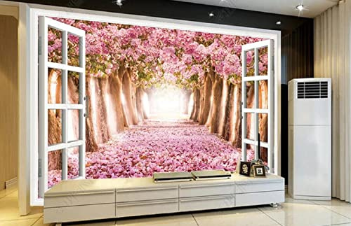 Fototapete Fenster Rosa Kirschbaum Wald Tapete Kinderzimmer Vliestapete Wohnzimmer Schlafzimmer Wandtapete Deco,200x140cm