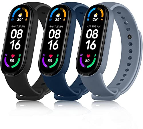 Mugust 3 Pack Correa Compatible con Xiaomi Mi Band 5 / Xiaomi Mi Band 6 / Amazfit Band 5, Pulseras de Repuesto de TPU Clásica (Negro+Azul Marino+Gris Azulado)