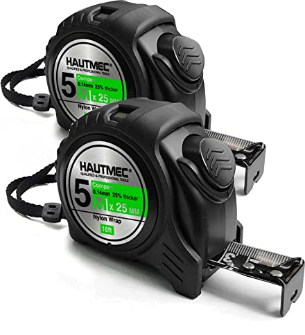 HAUTMEC 5m Tape Measure Metric & Imperial Measuring Tape, Auto-Lock with Nylon Coated Blade & Rubber Case, for Construction, woodworking, DIY 0100-2pc