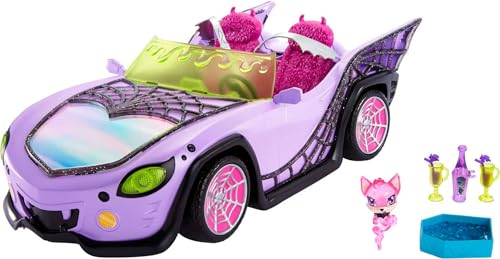 Monster High Coche de juguete, móvil Ghoul con accesorios para mascotas y refrigeradores, convertible morado con detalles de telaraña, HHK63