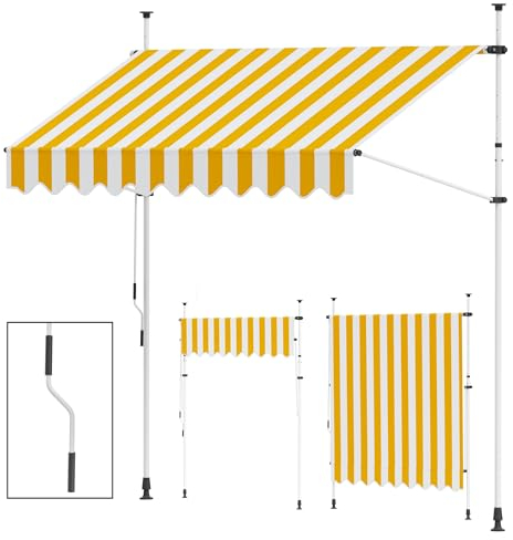 paramondo Jam 2000 Klemmmarkise Balkonmarkise ohne Bohren, Höhenverstellbar, UV- beständig, mit Handkurbel, 345 x 120 cm, Gestell Weiß, Block Gelb-Weiß