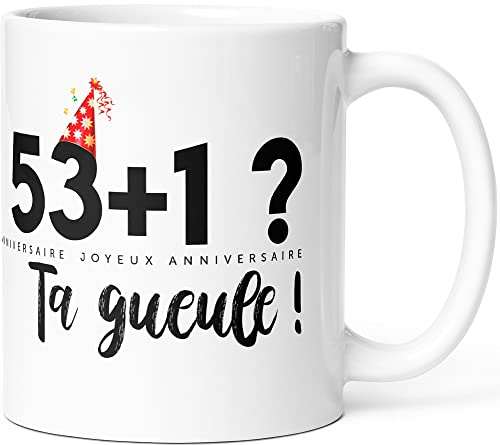 Mug Anniversaire 54 ans Humour Tasse Message drôle Idée Cadeau Original Homme Femme Rigolo pour Ami Collègue Copain Copine Frère Soeur Joyeux Anniversaire Cinquante-Quatre Ans. Souriez dès le Réveil.