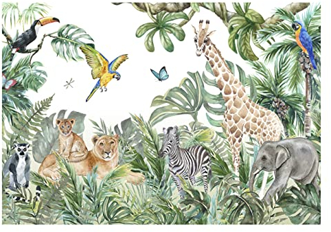 WallArena Papier Peint Intissé Chambre Enfant Jungle Animaux Forêt Nature 104x70 cm - Colle Incluse - Papier Peint Panoramique Pour Chambre de Bébé Prêt à Poser - Photo Non Tissé Muraux Trompe l'oeil
