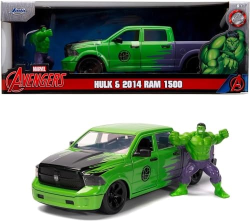 Jada Toys Marvel Hulk Figur mit Modellauto 2014er Dodge Ram 1500 - Set aus Marvel Avengers Sammelfigur (6 cm) und Spielzeugauto (20 cm) für Marvel Fans und Kinder ab 8 Jahre