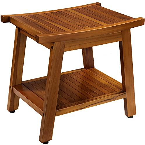 TEAKMAMA Panca da doccia in teak da 53 cm con ripiano e maniglie, sgabello da doccia in legno di teak e spa, panca da doccia impermeabile per interni ed esterni, sgabelli da bagno per adulti seduti