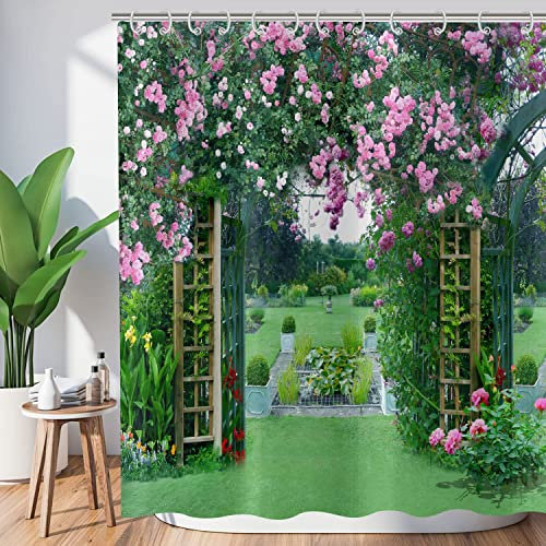 Hnmdmyi Tenda da doccia giardino 150x180, 3D floreale tende da doccia verde foglie rosa fiore italiano giardino paesaggio naturale tenda da bagno impermeabile poliestere tessuto tenda da bagno