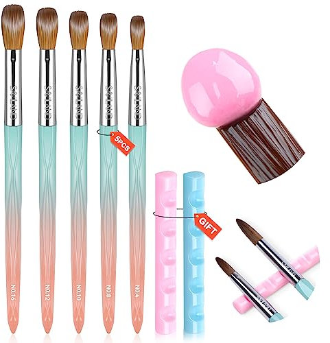 Saviland Acrylic Nail Brush with Cyan Pink holder - 5 Sizes Nail Brush for Powder and Liquid Acrylic Extension & Carving - Home DIY Size 4/8/10/12/16