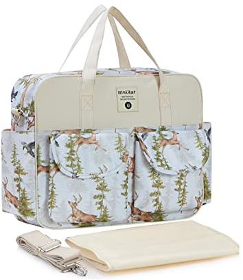SONARIN Stilvolle Große Kapazität Baby Wickeltasche,Wasserdicht Tragbare Reise Wickeltasche Umhängetasche Tragetasche Henkeltaschen Babytasche mit Schultergurte & Wickelunterlage(Hirsche)