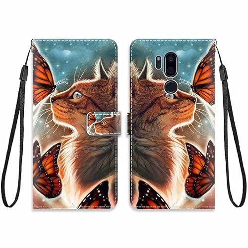 KARTXITAI Hülle Kompatibel mit LG G7 ThinQ,Leder Handyhülle mit Kartenfach Geld Slot Ständer PU Ledertasche Wallet Flip Magnetische Muster Schutzhülle-Katze,Schmetterling
