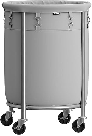 SONGMICS Laundry Basket on Wheels, Laundry Trolley 110L, Round Laundry Hamper with Steel Frame and Removable Bag, 4 Castors and 2 Brakes, Grey and Silver RLS002G01