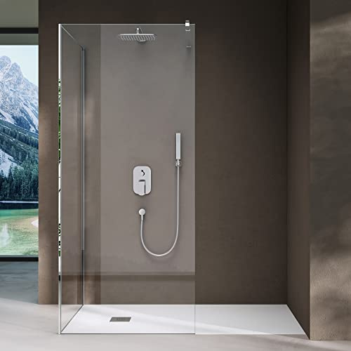 doporro Duschwand für Dusche 90x110cm Duschtrennwand 8mm ESG-Klarglas | Walk-In Dusche | mit Nanobeschichtung | rechteckiger Edelstahl-Stabilisator | Aluminiumrahmen in Chrom | Bremen01K-L