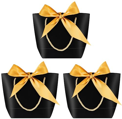 Gift Bags (Black) 3 Stück Geschenktüten mit Schleife,Geschenktüten aus Papier, Schwarz Papiertüten mit Henkel für Geburtstag, Hochzeit, Festivalfeier, Weihnachten, Schwarz