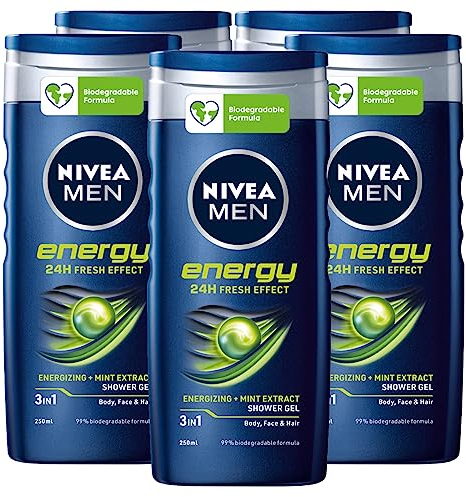 Nivea Men Energy Körperreiniger Gesichtsbehandlung 3in1 Duschgel für Herren, Mehrzweck-Shampoo, 24 Stunden, biologisch abbaubar, mit Minzextrakt, 5 Flaschen à 250 ml