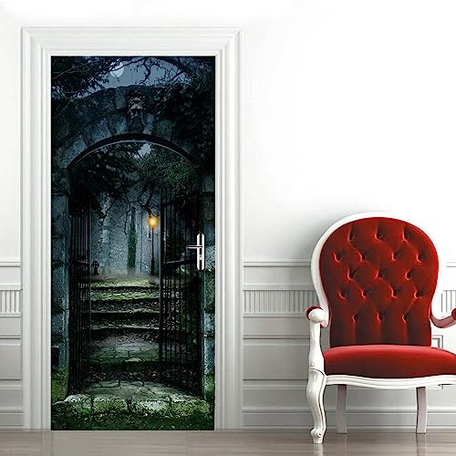 A.Monamour Sticker Porte Autocollant Poster De Porte 3D Une Vieille Maison Hantée Sombre Thème Halloween Vinyle Affiche De Porte Sticker Mural Papier Peint Art Décor 90x200cm