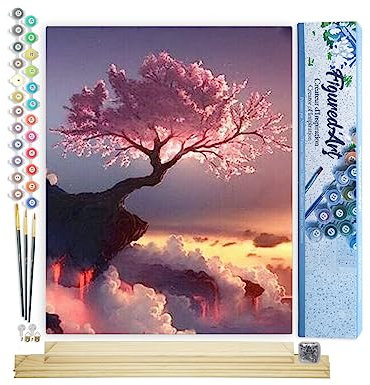 Figured'Art Peinture par Numéro Adulte Arbre Rose et Nuages - Activité Manuelle Kit de Loisir Créatif DIY Numéro d'Art Complet - 40x50cm avec châssis en bois à monter