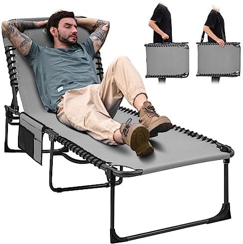 KingCamp Klappbarer Outdoor-Loungesessel, verstellbar, 5-Positionen, für Erwachsene, liegend, zusammenklappbar, mit Kissen, für Terrasse, Pool, Strand, Sonnenbaden, Deck, Rasen, 1 Stück, Grau