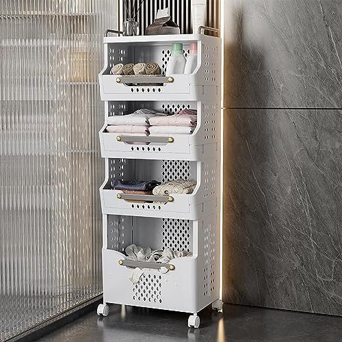 Treesunshine Wäschekorb auf Rollen, 4 Stockwerke Wäschesortierer, Rollwagen Bad, Faltbar Laundry Organizer, Waschesammelbox, Wäsche Sortiersystem, für Waschküche, Badezimmer, Schlafsaal