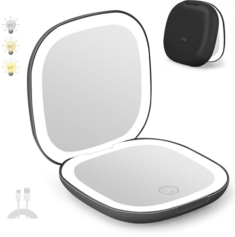 Infitrans Wiederaufladbarer Taschenspiegel, 1 x 5-fache Vergrößerung, LED, kompakter Reise-Make-up-Spiegel mit Licht in 3 Farb-Modi, Geldbörsenspiegel, 2-seitig, tragbar, faltbar, Handspiegel, kleiner