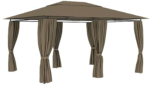 GuyAna Gartenzelt mit Vorhängen 4x3 m Taupe 180 g/m² Gartenpavillon Hardtop Pavillon 4x3 Wasserdicht Stabil