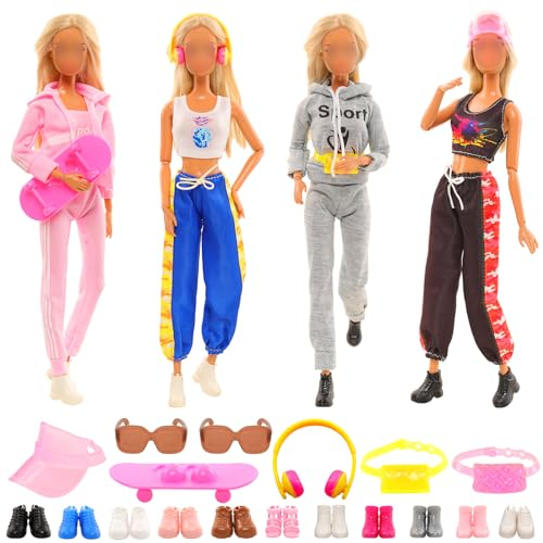 Miunana 16 Puppenkleidung 4 Kleidung 12 Zubehör Schuhe Brillen Skateboard, Puppenzubehör Outfits Kleider für 30 cm Mädchen Puppen