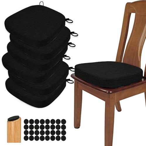 BUYUE Stuhlkissen 6,5 cm dick, U-Form Sitzkissen 40x40 cm mit hochdichtem Schaumstoff, Stoffbezug, rutschfestes Sitzpolster für Küche und Esszimmer (6 Stück, Schwarz)