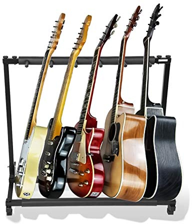 Multi Gitarren Bodenständer, Gitarrenständer, Gitarrenkoffer, stabiler Metall Organizer, Instrumenten Zubehör Holz Kopf Gitarrensammel mit Gitarrenplektren Schlitz (5 Fächer)