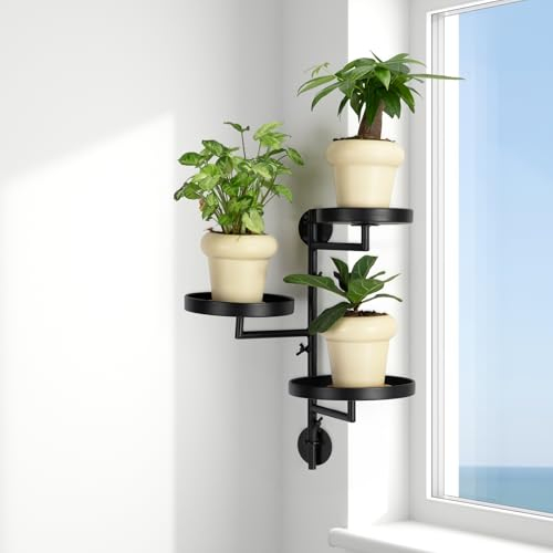 E-ROOM TREND Rotating Window Plant Shelves | 3-Tier Plant Wall Mount Holder Corner Plant Stand | for Multiple Plants Indoors Outdoors Enhanced Optimal Light Exposure Home Decoration (RWPS-3B) | Black