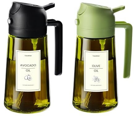 TrendPlain 470ml Olive Oil Spray Bottle - 2 in 1 Olive Oil Dispenser Bottle for Kitchen Accessories - Kitchen Gadgets, For Air Fryer - with Stickers, Light Blocking - Black & Green