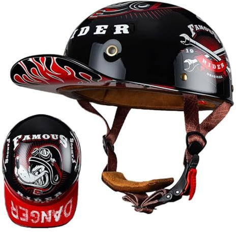 Moto Casquette De Baseball Demi-Casques De Moto Scooter Cyclomoteur Casques À Face Ouverte Hommes Et Femmes Casque Mobylette Moto Bols ECE Homologué Vintage Casque Jet(4,M(57~58CM))