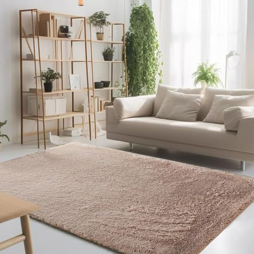 STGAO Hochflor Teppich 110 x 140 cm Anti-Rutsch Unterseite Plüsch Teppich Pflegeleicht für Modernes Wohnzimmer Schlafzimmer Baby Schlafsaal, Beige