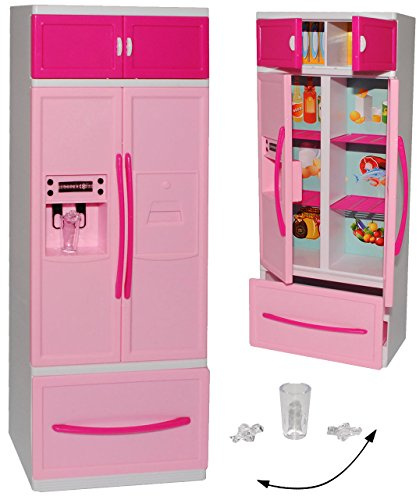 alles-meine.de GmbH Kühlschrank mit Eiswürfelspender/Gefrierschrank - für Puppenhaus - Miniatur - Puppenstube - passend für alle gängigen Modepuppen - Plastik/Kunststoff rosa..