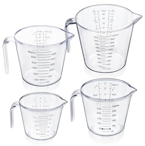 Lychico Messbecher-Set mit 4 Stück, BPA-frei, stapelbare Messbecher mit Ausguss und Griff, Kunststoff-Krüge 150 ml/300 ml/600 ml/1000 ml mit Ml Oz Cup Messung