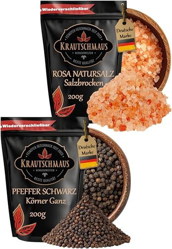Salz und Pfeffer für die Mühle von Krautschmaus je 200g, rosa Natursalz grob, bekannt als Himalaya Salz, Kristallsalz aus Salt Range Pakistan, schwarze Pfefferkörner
