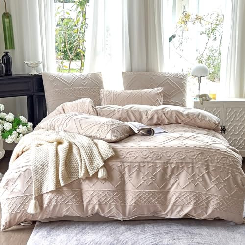 Amolavet Bettwäsche 200x200 3teilig Set Beige Boho Getuftet Geometrie Muster mit Reißverschluss für Doppelbett Winter Bettwäsche 200x200 Beige Weich Bügelfreie Mikrofaser Aesthetic Vintage Boho Deko