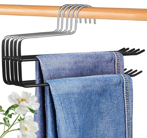 Minicoco Perchas para pantalones, paquete de 5 perchas dobles para pantalones, organizadores de doble barra abierta para pantalones, jeans, bufandas, colgar ropa que ahorra espacio (negro)
